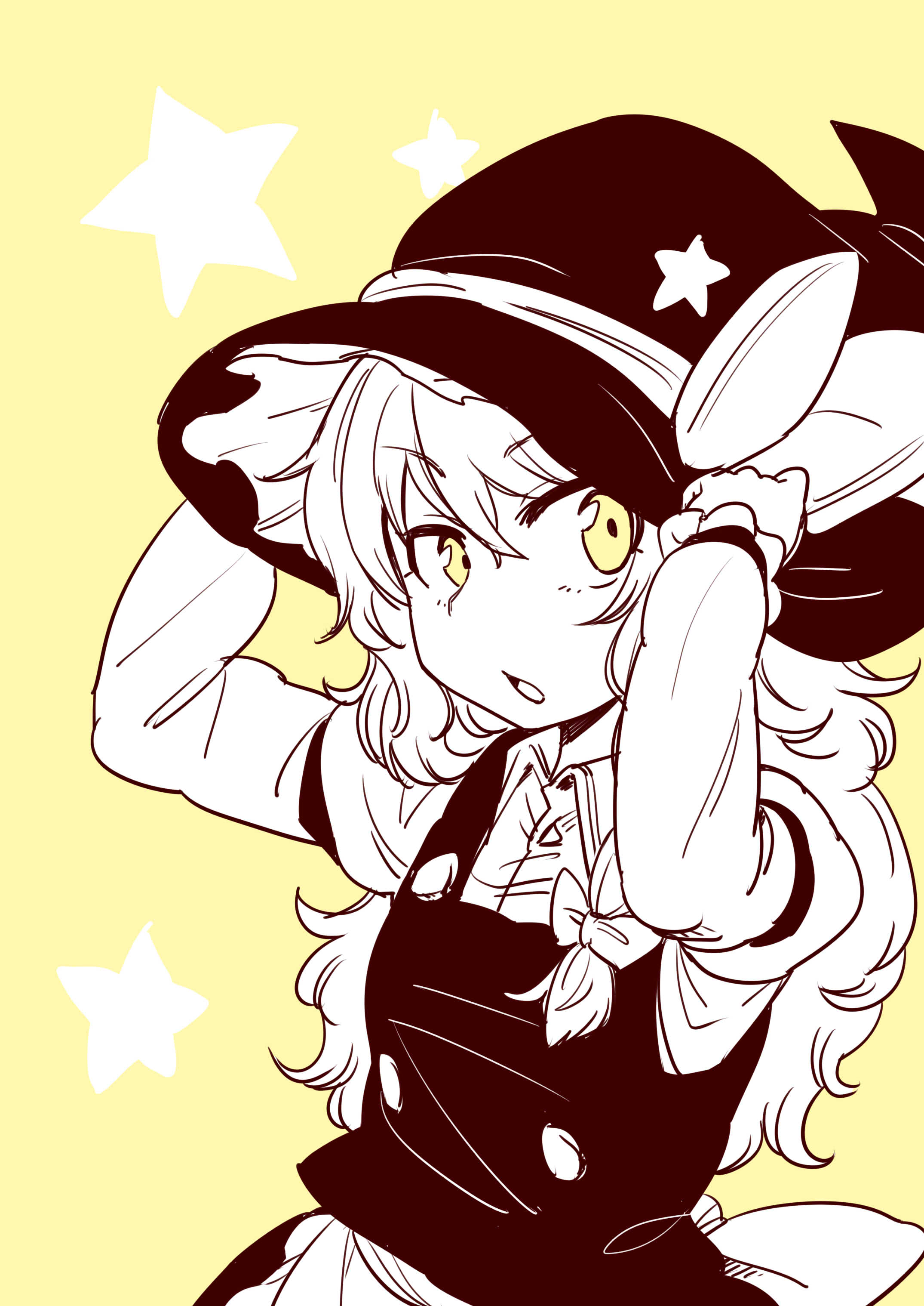 oninamako, kirisame marisa, touhou, absurdres, commentary, highres, 1girl, apron, back bow, bow, braid, hair bow, hat, hat bow, long hair, open mouth, side braid, single braid, solo, waist apron, witch hat, yellow background, yellow eyes