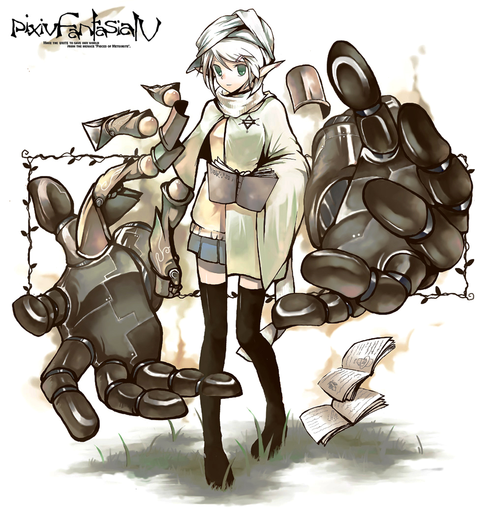 machimura komori, pixiv fantasia, pixiv fantasia 4, bad id, bad pixiv id, 1girl, book, female focus, green eyes, legs, skirt, solo, thighhighs, white hair