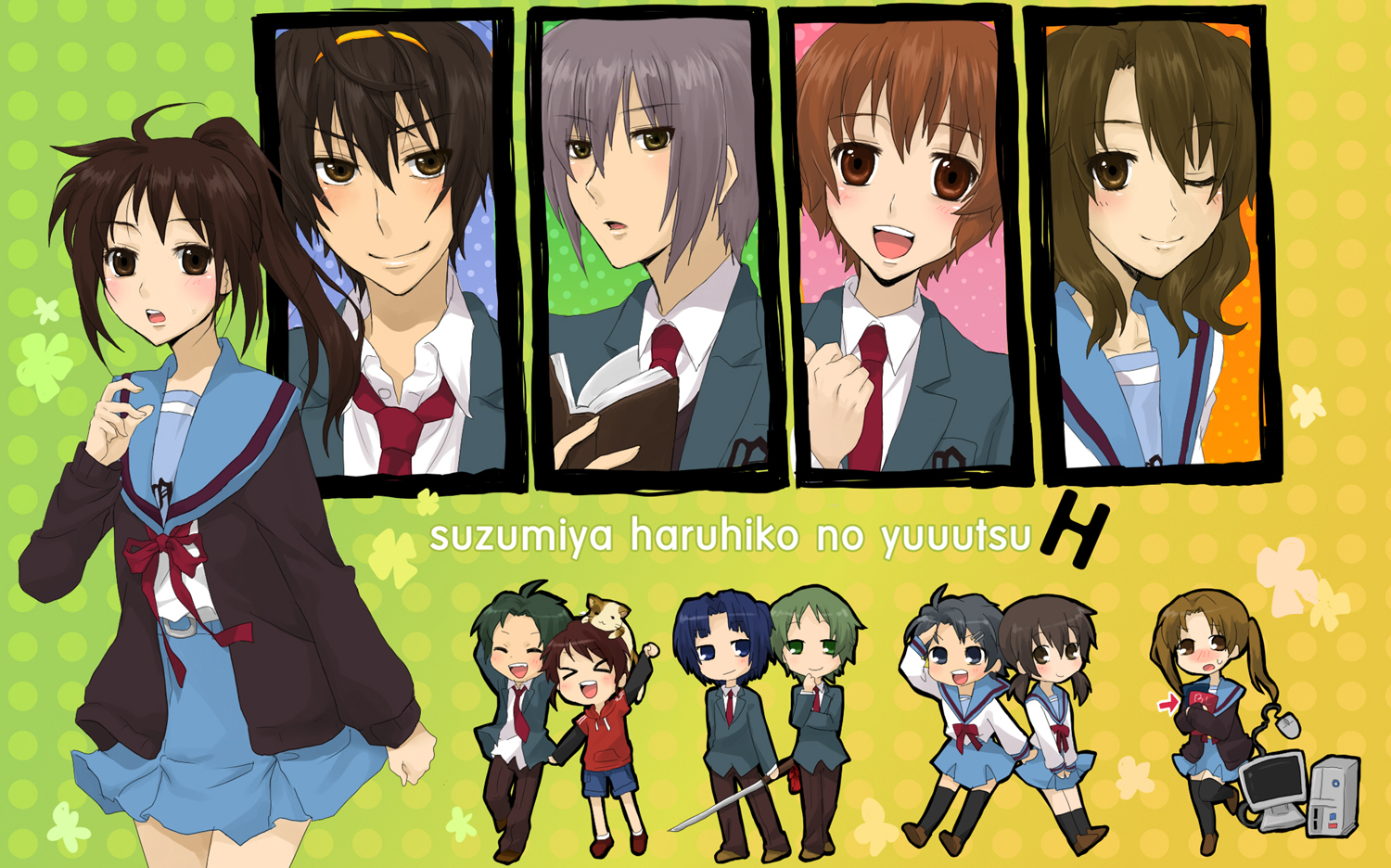 meikyou shisui, asahina mitsuru, asakura ryo, computer club president (female) (suzumiya haruhi), computer club president (suzumiya haruhi), kimidori emirio, koizumi itsuki (female), kunikida (female) (suzumiya haruhi), kyonko, kyonko's brother, nagato yuuki, shamisen (suzumiya haruhi), suzumiya haruhiko, taniguchi (female) (suzumiya haruhi), tsuruya-senpai, suzumiya haruhi no yuuutsu, suzumiya haruhiko no yuuutsu, > <, 5girls, 6+boys, brown eyes, brown hair, calico (pattern), calico cat, cardigan, cat, chibi, closed eyes, computer, everyone, fujoshi, genderswap, genderswap (ftm), genderswap (mtf), long hair, multiple boys, multiple girls, ponytail, school uniform, serafuku, sword, thighhighs, weapon