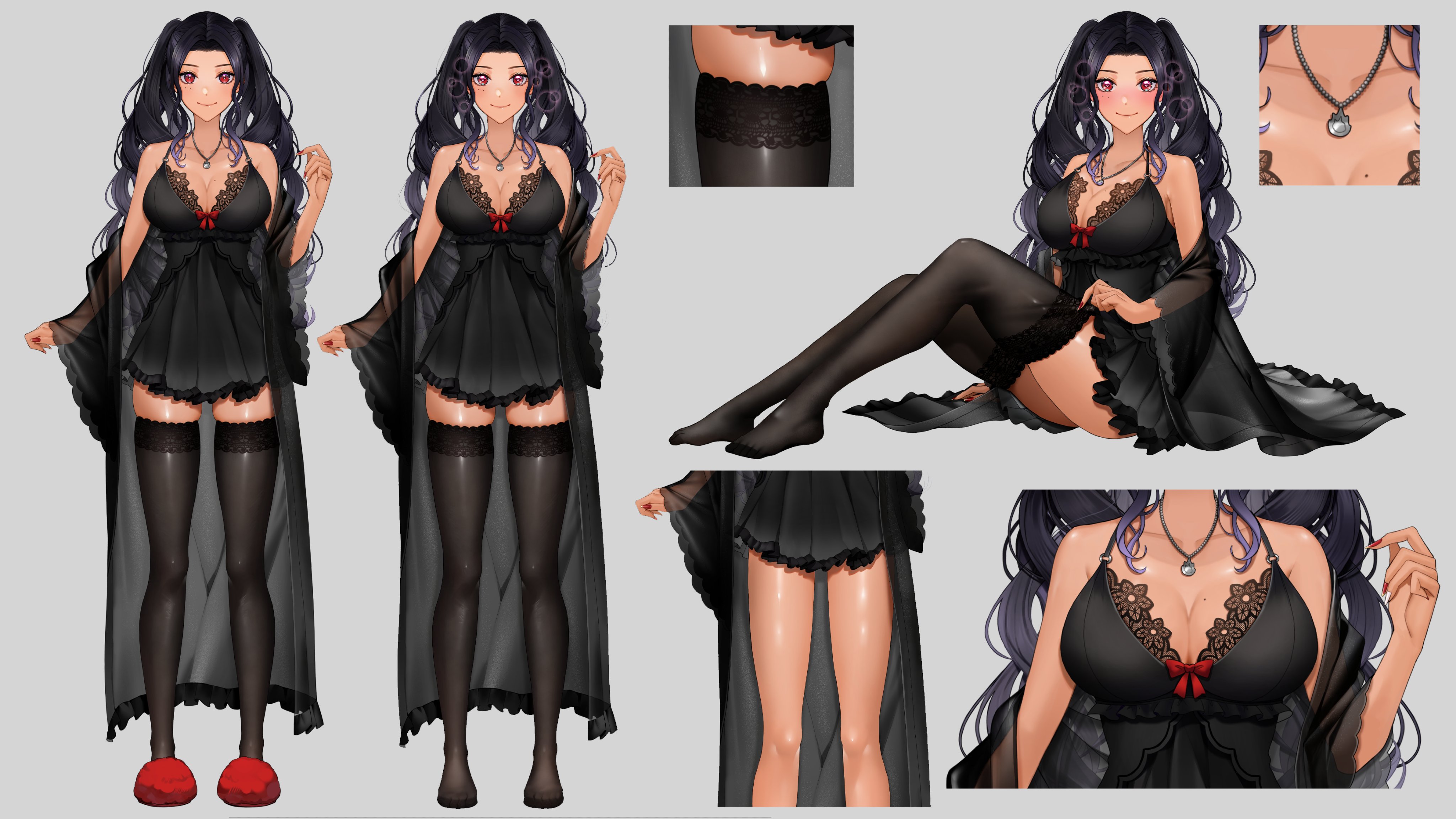 riz3, scarle yonaguni, scarle yonaguni (pajamas), nijisanji, nijisanji en, absurdres, commentary, english commentary, highres, second-party source, 1girl, babydoll, black hair, black thighhighs, bow, breasts, cleavage, collarbone, jewelry, long hair, mole, mole on breast, mole under eye, multicolored nails, multiple moles, necklace, red bow, red nails, red slippers, reference sheet, sitting, slippers, smile, thighhighs, two-tone nails, virtual youtuber, white nails