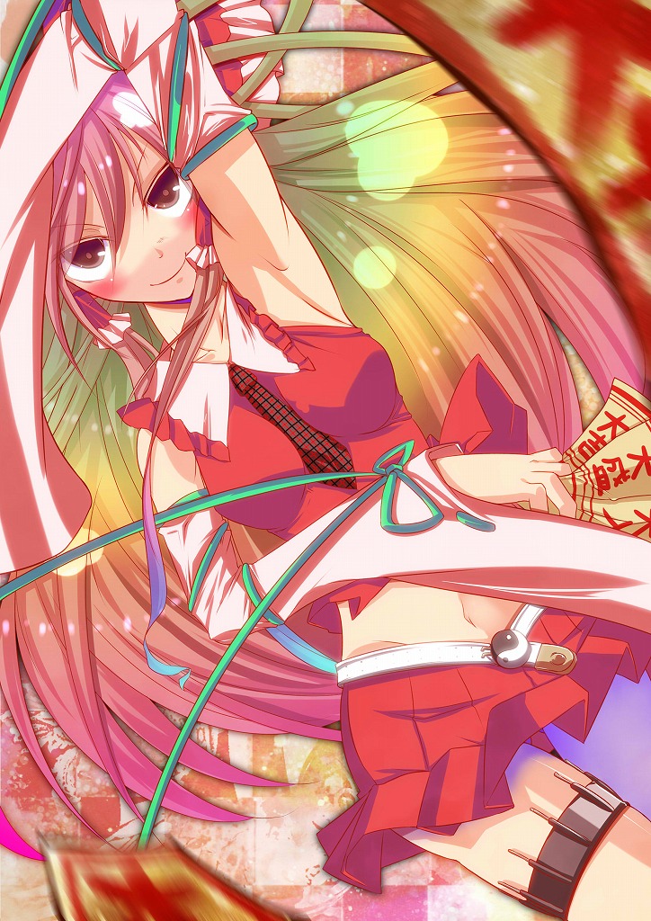 mito (calcomer), hakurei reimu, touhou, bad id, bad pixiv id, 1girl, alternate costume, alternate hair color, armpits, blush, bow, contemporary, detached sleeves, female focus, gradient hair, hair bow, hair tubes, holster, japanese clothes, long hair, midriff, miko, motion blur, multicolored hair, navel, necktie, needle, ofuda, ribbon, smile, solo, thigh holster