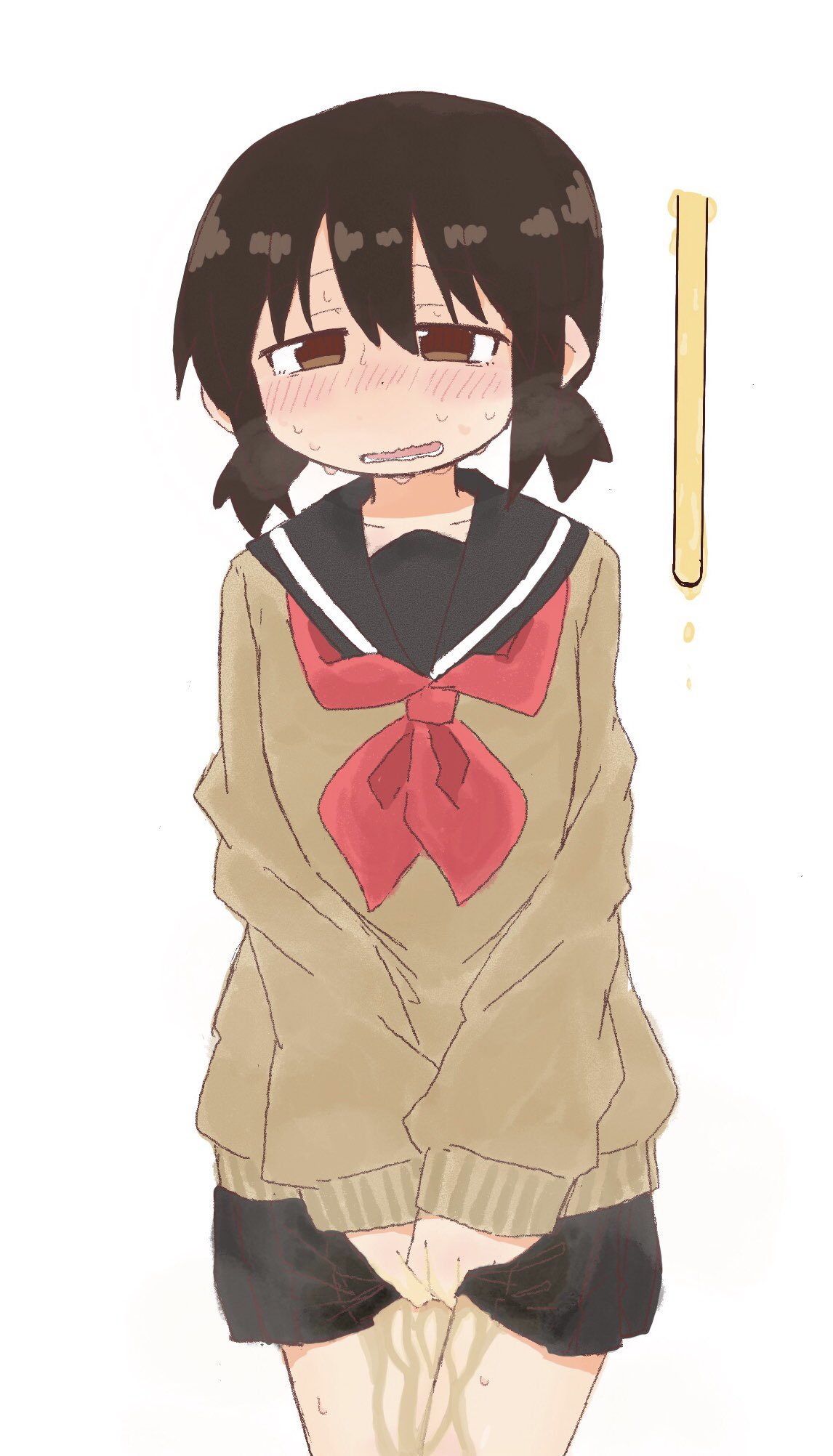 ponnu (tnpn2yw), original, 1girl, between legs, black sailor collar, black skirt, blush, brown eyes, brown hair, brown sweater, cowboy shot, embarrassed, female focus, flat chest, half-closed eyes, hand between legs, have to pee, long sleeves, looking at viewer, miniskirt, neckerchief, nose blush, open mouth, own hands together, pee, peeing, peeing self, pleated skirt, raised eyebrows, red neckerchief, sailor collar, school uniform, serafuku, short hair, sidelocks, simple background, skirt, solo, standing, steam, sweat, sweater, teeth, twintails, urine meter, v arms, wavy mouth, wet, wet clothes, wet skirt, white background