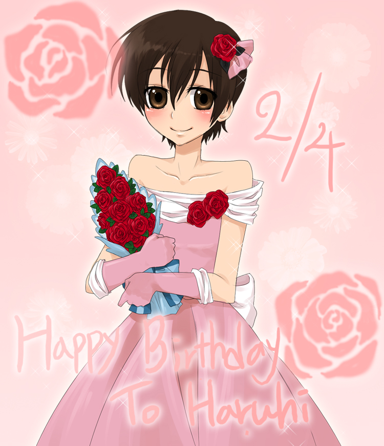 meikyou shisui, fujioka haruhi, ouran high school host club, bouquet, brown eyes, brown hair, dress, elbow gloves, flower, gloves, gown, hair flower, hair ornament, rose, short hair, smile, solo