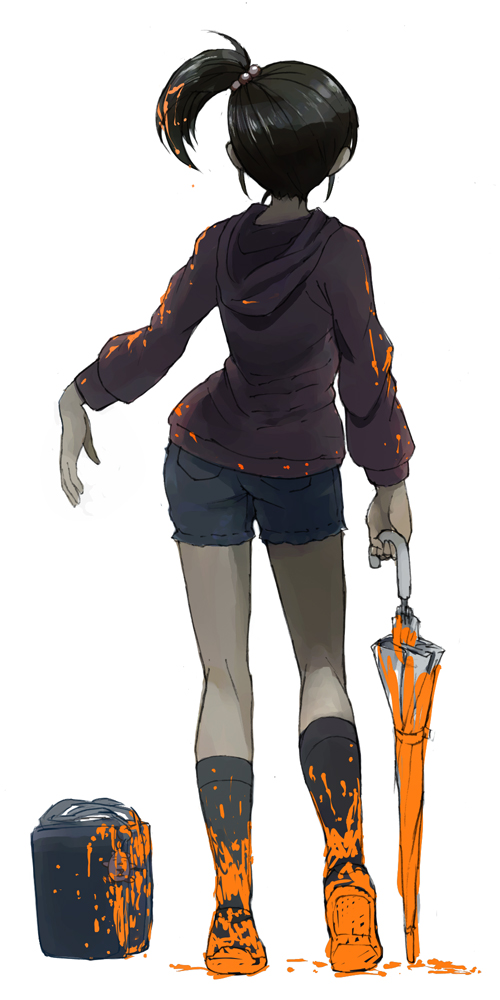 nyama, original, bad id, bad pixiv id, 1girl, black hair, closed umbrella, female focus, hood, hoodie, kneepits, legs, paint, shorts, side ponytail, simple background, socks, solo, umbrella