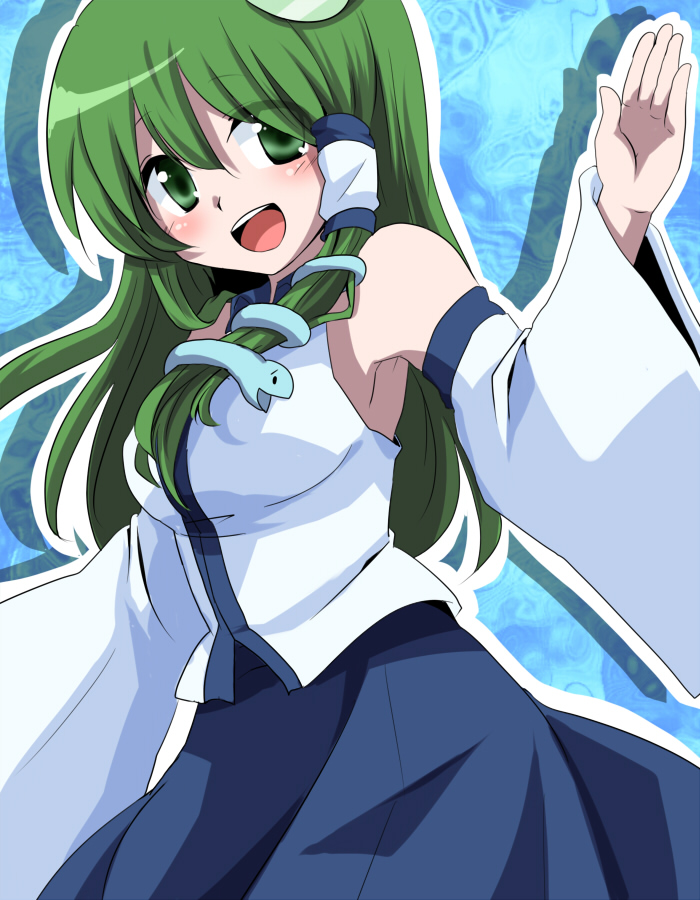 marimo danshaku, kochiya sanae, touhou, bad id, bad pixiv id, 1girl, detached sleeves, female focus, frog, green eyes, green hair, hair ornament, japanese clothes, long hair, matching hair/eyes, open mouth, smile, snake, solo, waving