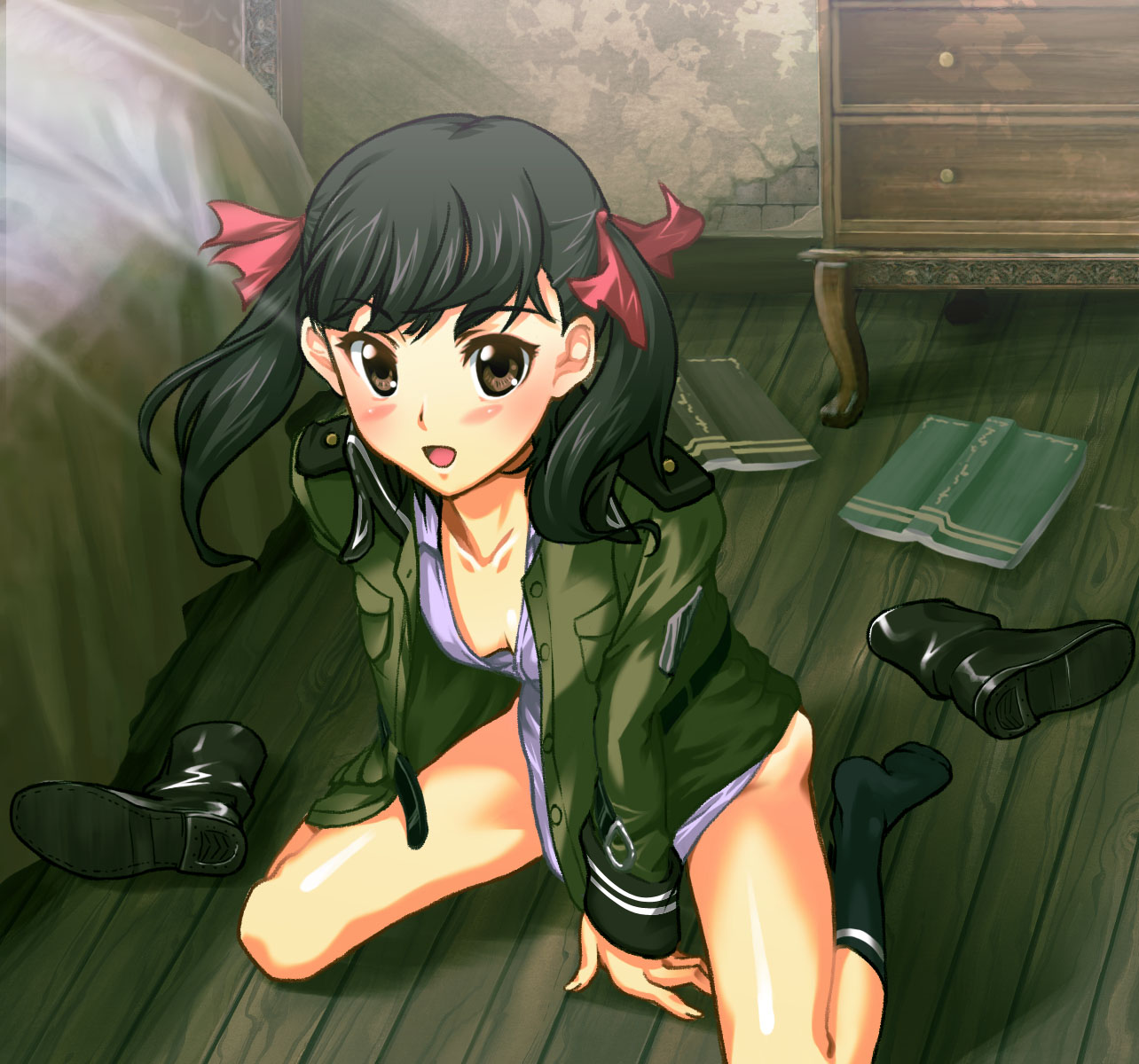 bitawan, suminoya kureha, sora no woto, bad id, bad pixiv id, highres, 1girl, bed, bedroom, black hair, black socks, blush, book, boots, bottomless, bow, brown eyes, chest of drawers, convenient censoring, drawer, female focus, hair bow, indoors, jacket, kneeling, looking at viewer, open clothes, sitting, socks, solo, wariza, wooden floor