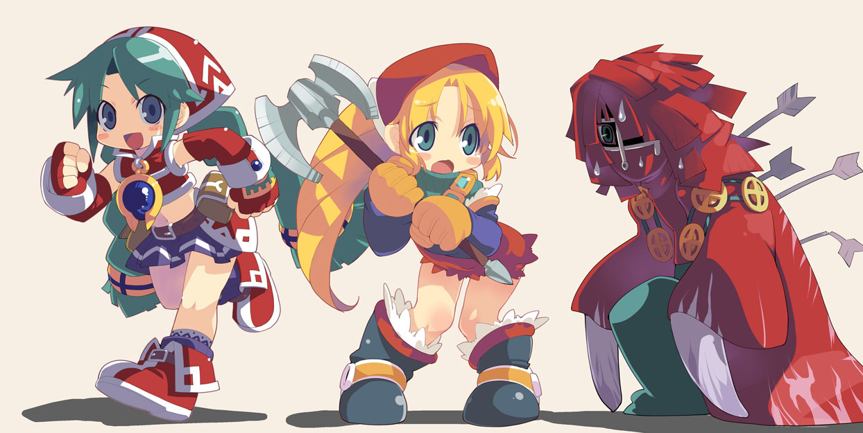 zankuro, cordelia (saga), meythia, minion scorne, tenerezza (character), virginia knights, saga, saga frontier 2, tenerezza, 2girls, arrow (projectile), axe, blonde hair, blue eyes, blush, bonnet, boots, braid, chibi, gloves, green eyes, green hair, multiple girls, sweat, twin braids, weapon