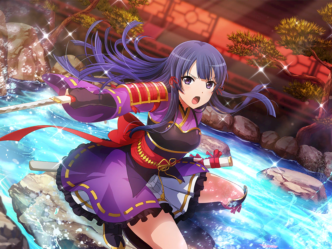 tomoe tamao, shoujo kageki revue starlight, shoujo kageki revue starlight -re live-, game cg, official art, 1girl, armor, black gloves, floating hair, gloves, holding, holding sword, holding weapon, japanese clothes, katana, kimono, long hair, long sleeves, looking at viewer, obi, open mouth, pleated skirt, pond, purple eyes, purple hair, purple kimono, rock, sash, sheath, shoulder armor, skirt, skirt under kimono, solo, squatting, sword, tree, v-shaped eyebrows, water, weapon, white skirt, wide sleeves