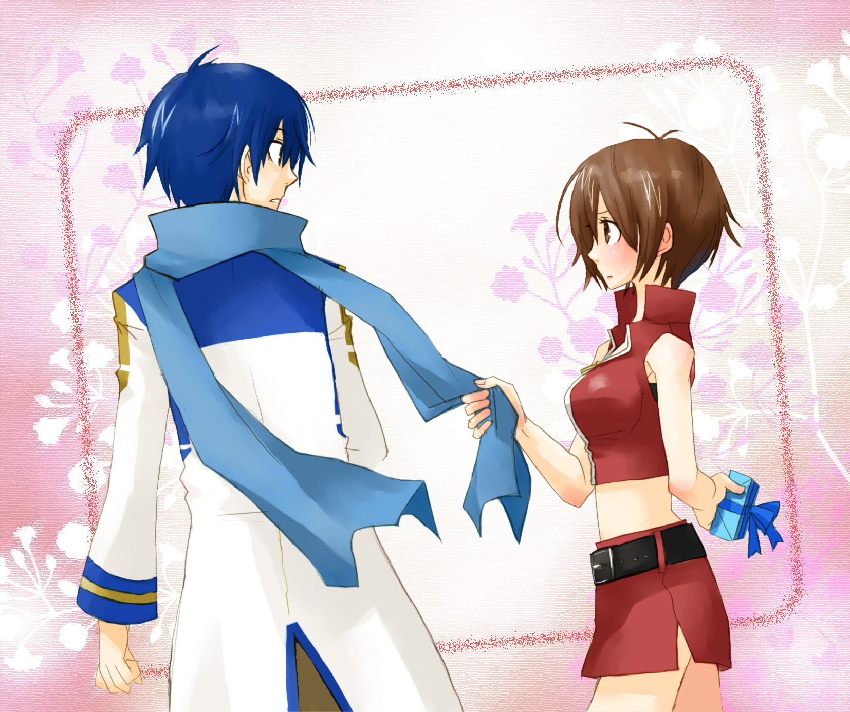 matsu (matsu07), matsu (pixiv1605536), kaito (vocaloid), meiko (vocaloid), vocaloid, highres, 1boy, 1girl, blue eyes, blue hair, blue scarf, blush, brown eyes, brown hair, gift, scarf, short hair, skirt