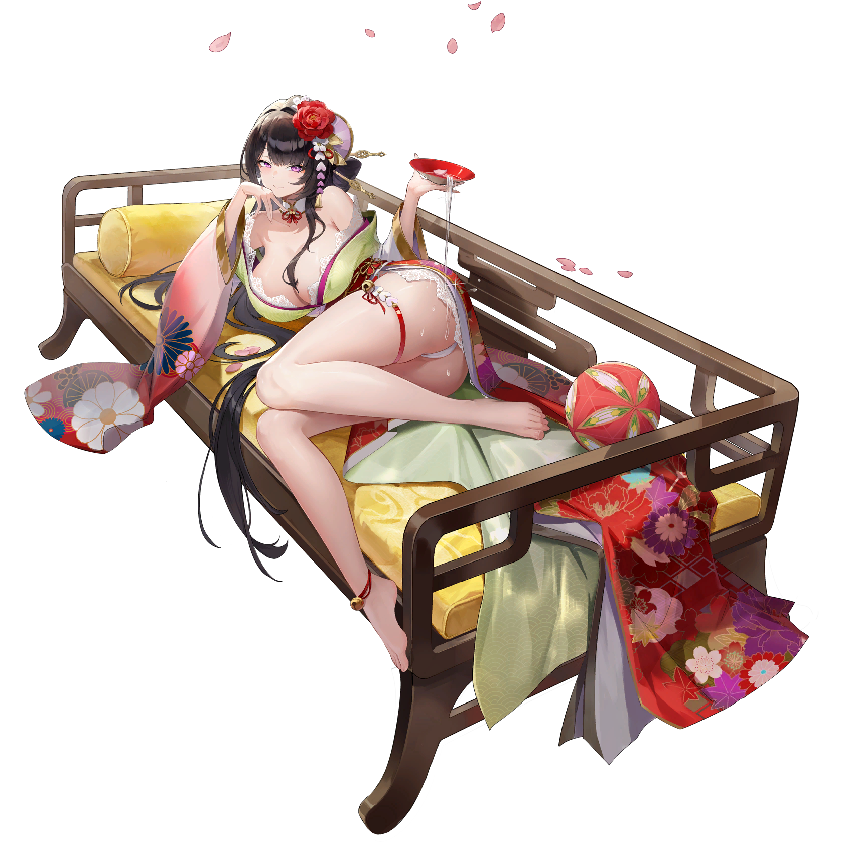 poker fate, game cg, highres, non-web source, 1girl, ankle bell, ankle ribbon, ass, barefoot, black hair, breasts, cherry blossoms, cleavage, collarbone, cup, falling petals, floral print, floral print kimono, flower, hair flower, hair ornament, hairpin, heart, heart hair ornament, hinomiya shion, hinomiya shion (oath), holding, holding cup, japanese clothes, kimono, large breasts, leg ribbon, long hair, looking at viewer, lying, multiple hairpins, off shoulder, official alternate costume, on side, panties, petals, print kimono, purple eyes, red flower, red rose, ribbon, rose, sakazuki, solo, spilling, thigh bell, thigh strap, thighs, transparent background, underwear, very long hair, white panties, yellow kimono