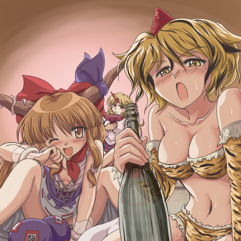 flx, hoshiguma yuugi, ibuki suika, toramaru shou, touhou, 3girls, animal print, bikini, blonde hair, bottle, bow, breasts, brown eyes, brown hair, cleavage, drunk, female focus, flat chest, gourd, hair bow, horns, large breasts, long hair, multiple girls, navel, no panties, one eye closed, oni, open clothes, open shirt, red eyes, shirt, short hair, single horn, spread legs, sweat, swimsuit, tiger print, wink, yellow eyes