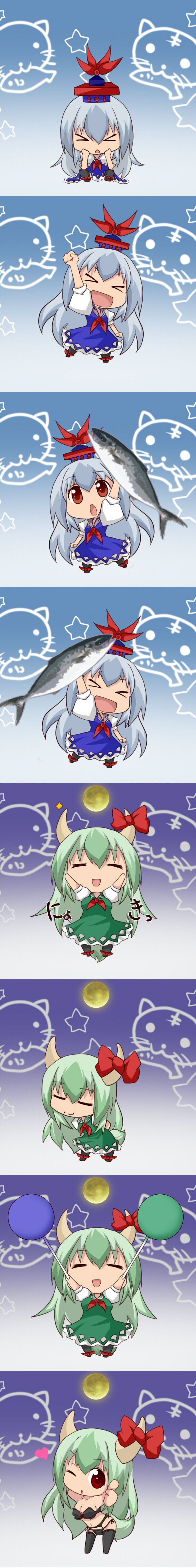 netachou, ex-keine, kamishirasawa keine, touhou, absurdres, highres, long image, tall image, > <, > <, 2girls, :<, :3, :d, blue hair, bra, breasts, buri hamachi, chibi, closed eyes, female focus, fish, full body, gradient background, green hair, hat, heart, horn ornament, horn ribbon, horns, lingerie, long hair, moon, multiple girls, multiple views, navel, one eye closed, open mouth, panties, red eyes, ribbon, smile, standing, tail, underwear, wink, xd