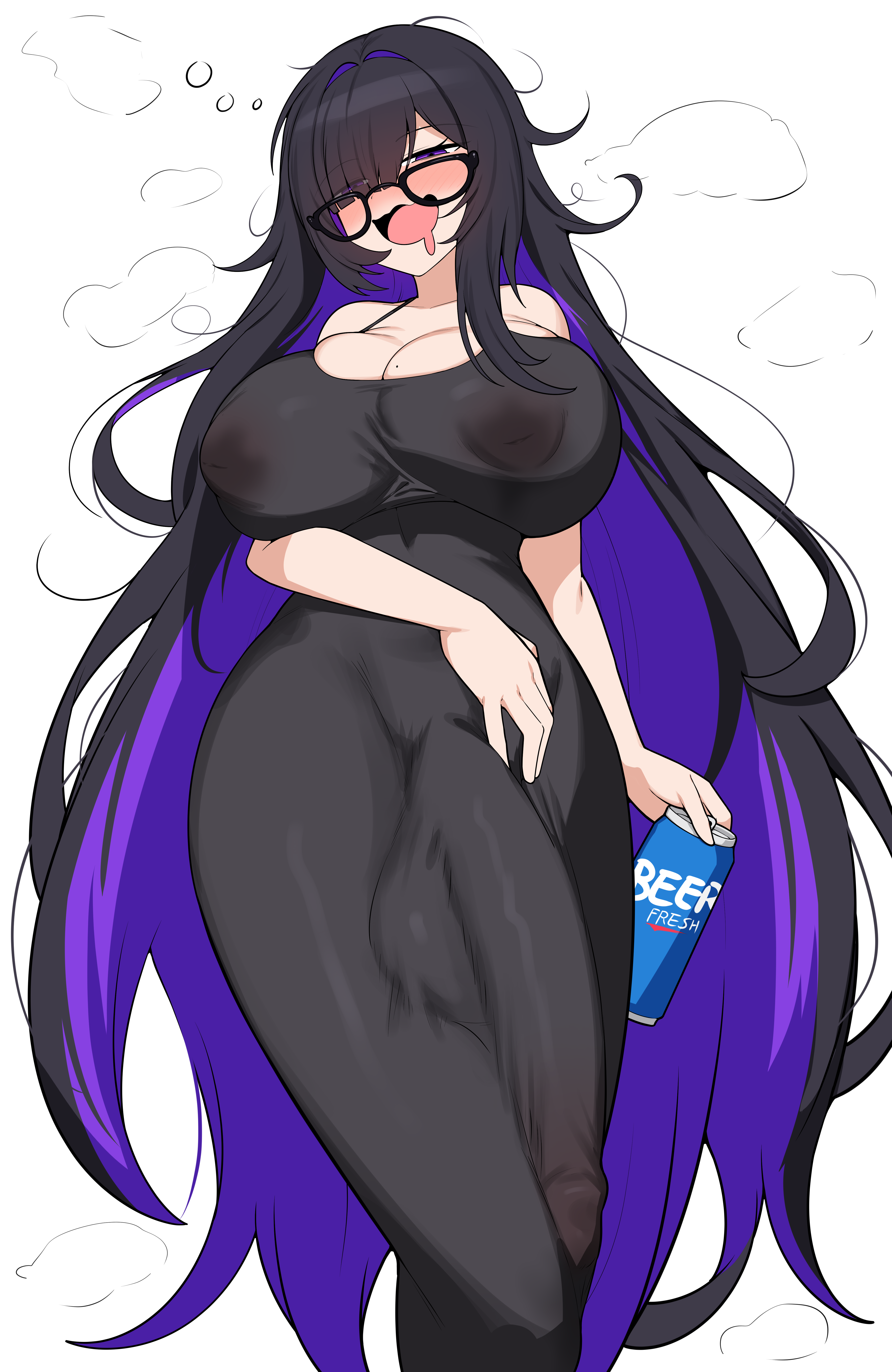 bluerabbit gap, label (nikke), goddess of victory: nikke, absurdres, commentary, highres, 1girl, :d, arm at side, arm behind back, bare shoulders, beer can, black-framed eyewear, black dress, black hair, blush, breasts, can, collarbone, colored inner hair, covered erect nipples, covered penis, covered testicles, dress, drink can, drooling, drunk, eyes visible through hair, feet out of frame, futanari, glasses, hair over one eye, half-closed eyes, halter dress, halterneck, hand on own stomach, holding, holding can, huge breasts, huge penis, inverted nipples, long dress, long hair, looking at viewer, looking over eyewear, mole, mole on breast, mouth drool, multicolored hair, nipples, no bra, nose blush, open mouth, penis, purple eyes, purple hair, see-through clothes, see-through dress, simple background, sleeveless, sleeveless dress, smile, solo, squeans, steaming body, two-tone hair, very long hair, wavy mouth, white background