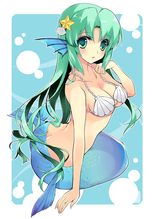 yukiwo, original, bad id, bad pixiv id, 1girl, arm support, arm up, beads, bikini, blue background, breasts, butt crack, cleavage, female focus, fins, green eyes, green hair, hair ornament, head fins, long hair, looking at viewer, matching hair/eyes, mermaid, monster girl, parted lips, rounded corners, scales, seashell, shell, shell bikini, sitting, solo, star (symbol), star hair ornament