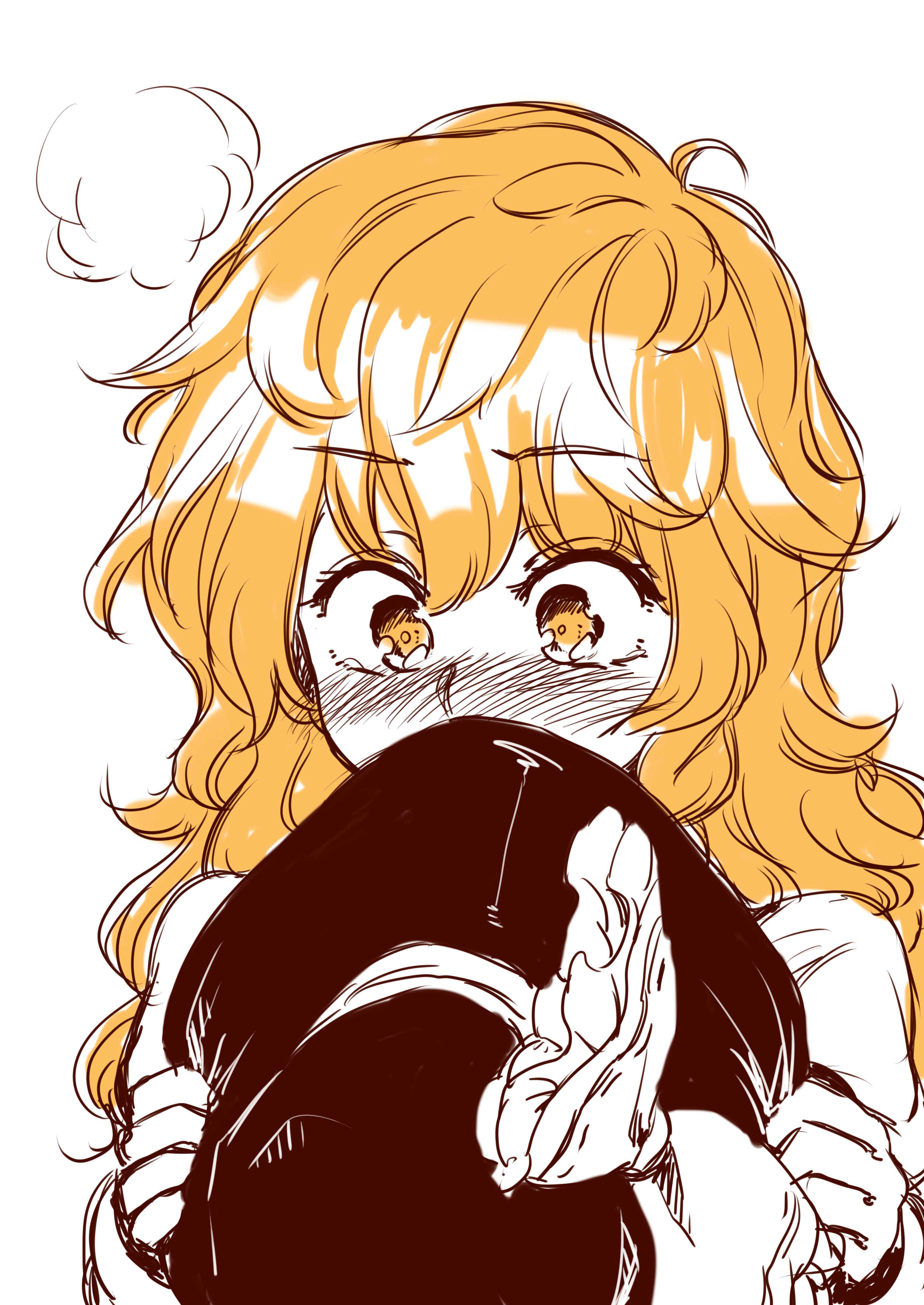 oninamako, kirisame marisa, touhou, absurdres, commentary request, highres, 1girl, blonde hair, blush, embarrassed, hat, holding, holding unworn clothes, holding unworn hat, long hair, partially colored, solo, unworn hat, unworn headwear, witch hat, yellow eyes