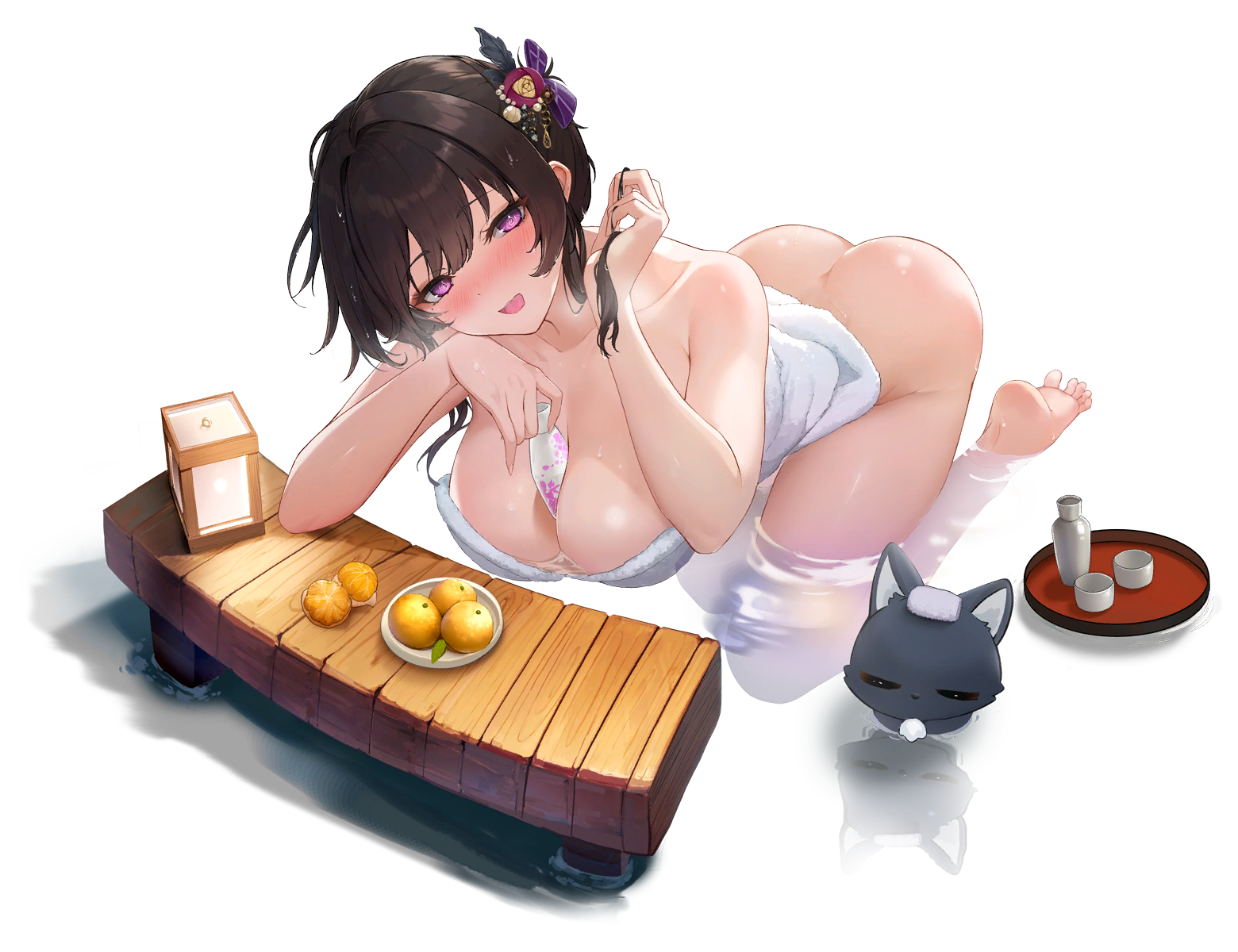 poker fate, highres, non-web source, 1girl, 1other, :d, animal ear fluff, animal ears, ass, black hair, bottle, breasts, chipy, cleavage, collarbone, eyes visible through hair, feet, food, fruit, hair between eyes, hair ornament, hinomiya shion, hinomiya shion (source of the scent), holding, holding bottle, large breasts, long hair, looking at viewer, naked towel, official alternate costume, official alternate hairstyle, open mouth, orange (fruit), partially submerged, purple eyes, purple hair, reflection, reflective liquid, ripples, smile, thighs, towel, towel on head, transparent background, wet