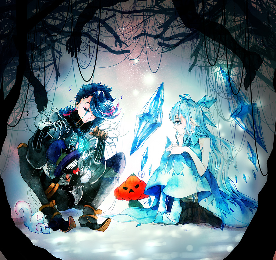 kyachi, pepepo, cirno, pixiv fantasia, pixiv fantasia 4, touhou, bad id, bad pixiv id, 1boy, 1girl, blue eyes, blue hair, ice, jack-o'-lantern, long hair, pointy ears, pumpkin, string