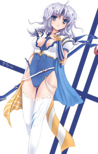 minnku, cecil harvey, dissidia final fantasy, final fantasy, final fantasy iv, 1990s (style), 1girl, blue hair, cape, female focus, genderswap, genderswap (mtf), green eyes, headband, leotard, long hair, retro artstyle, solo, thighhighs