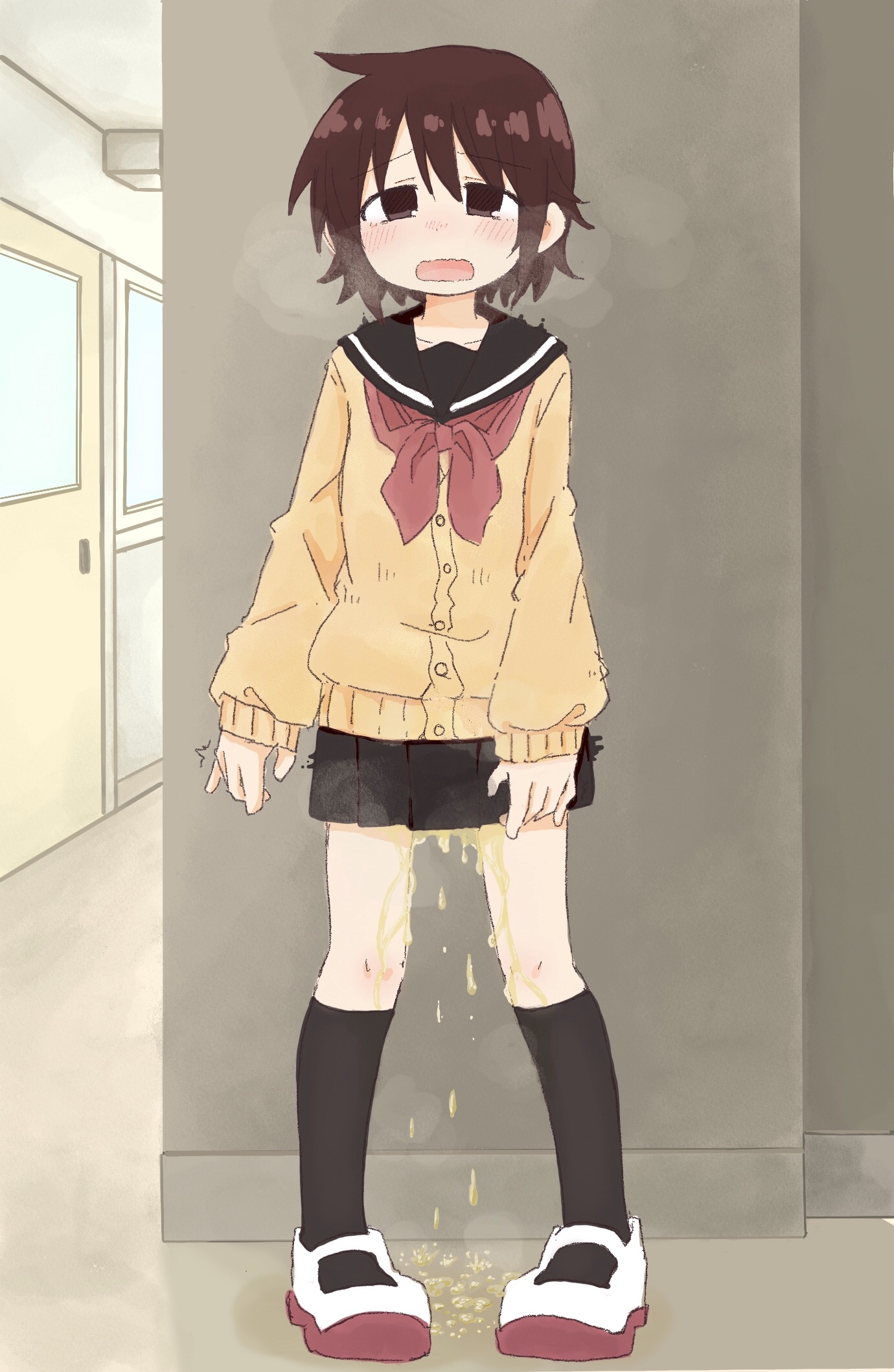 ponnu (tnpn2yw), original, 1girl, arm at side, black sailor collar, black skirt, black socks, blush, breath, brown eyes, brown hair, buttons, cardigan, collarbone, door, embarrassed, female focus, flat chest, full body, hallway, indoors, kneehighs, long sleeves, looking at viewer, matching hair/eyes, miniskirt, neckerchief, nose blush, open mouth, pee, peeing, peeing self, pigeon-toed, pleated skirt, puddle, raised eyebrows, red neckerchief, sailor collar, school, school uniform, serafuku, shoes, short hair, sidelocks, skirt, socks, solo, standing, steam, white shoes, yellow cardigan