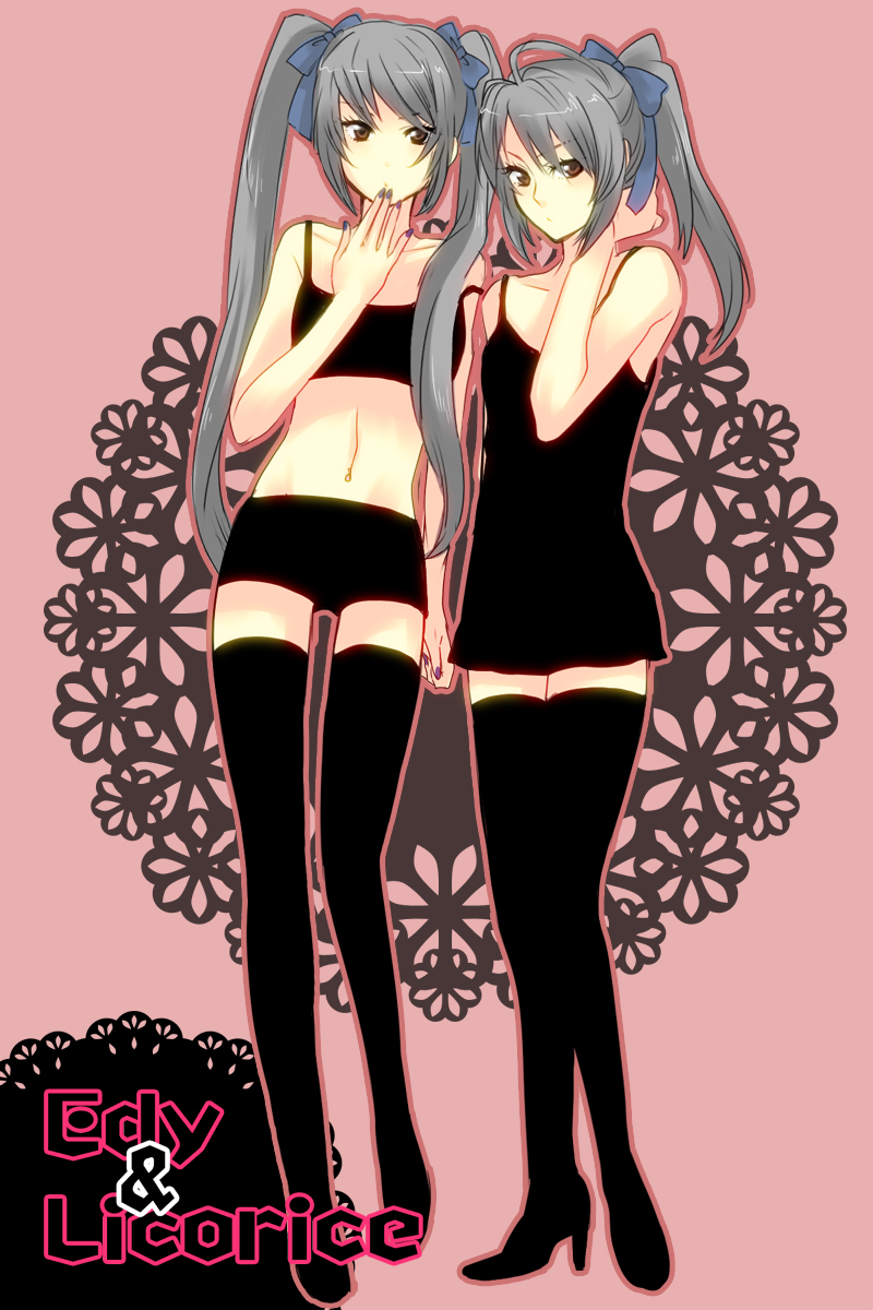 mino haru, minoharu, edy nelson, licorice nelson, senjou no valkyria, senjou no valkyria (series), senjou no valkyria 1, senjou no valkyria 2, bad id, bad pixiv id, highres, 00s, 2girls, bare shoulders, black thighhighs, blue ribbon, boots, brown eyes, female focus, grey hair, hair ribbon, hand to own mouth, high heel boots, high heels, lingerie, long hair, multiple girls, nail polish, navel, ponytail, purple nails, ribbon, shoes, siblings, side ponytail, sisters, strap slip, tank top, thigh boots, thighhighs, twintails, underwear, underwear only, zettai ryouiki