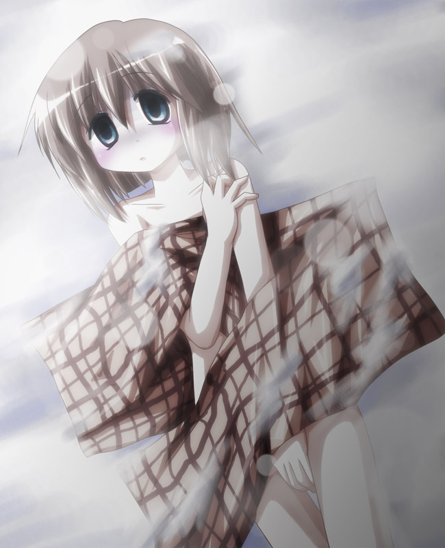 shishinon, misaka shiori, kanon, md5 mismatch, 1girl, bed, blue eyes, brown hair, female focus, lying, nude, shawl, solo