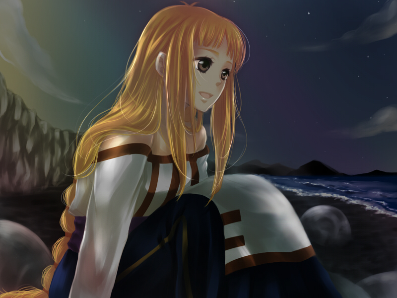 mino haru, lieza (arc the lad), arc the lad, arc the lad ii, 1girl, bare shoulders, beach, blonde hair, braid, brown eyes, dress, female focus, long hair, open mouth, outdoors, single braid, sitting, sky, solo