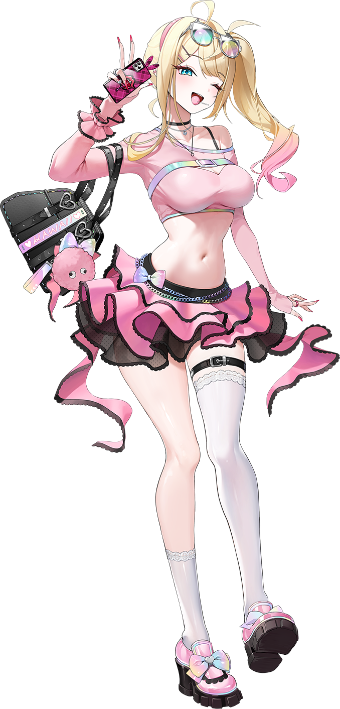 poker fate, pink top, artist request, game cg, highres, non-web source, 1girl, ;d, antenna hair, asymmetrical legwear, belt, black bag, black choker, blonde hair, boots, bow, breasts, cellphone, choker, collarbone, crop top, earclip, eyewear on head, footwear bow, full body, gradient bow, gradient hair, green eyes, hair ornament, hairband, hairclip, heart, holding, holding phone, jewelry, large breasts, layered skirt, lollipop in mouth, long sleeves, looking at viewer, microskirt, multicolored hair, navel, one eye closed, open mouth, parallel hairclips, phone, pink boots, pink hair, pink hairband, pink skirt, red nails, ring, saotome kokoro, see-through clothes, see-through skirt, side ponytail, single bare shoulder, single thighhigh, skirt, smile, socks, solo, stomach, sunglasses, thigh belt, thigh strap, thighhighs, thighs, transparent background, white socks