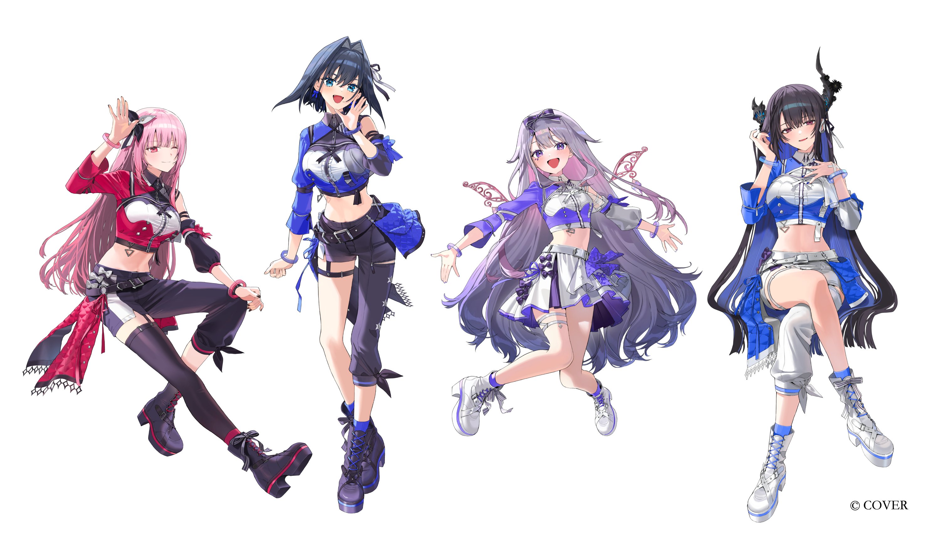 kurohal, koseki bijou, mori calliope, nerissa ravencroft, ouro kronii, hololive, hololive english, commentary request, highres, 4girls, asymmetrical clothes, asymmetrical sleeves, black pants, black shirt, boots, collared shirt, color-coded, cropped shirt, detached sleeves, full body, hololive idol uniform (color rise), lace-up boots, miniskirt, mismatched sleeves, multicolored shirt, multiple girls, official alternate costume, pants, platform boots, puffy detached sleeves, puffy short sleeves, puffy sleeves, shirt, short sleeves, simple background, single detached sleeve, single pantsleg, single sleeve, single thighhigh, skirt, standing, thighhighs, virtual youtuber, white background, white shirt, white skirt
