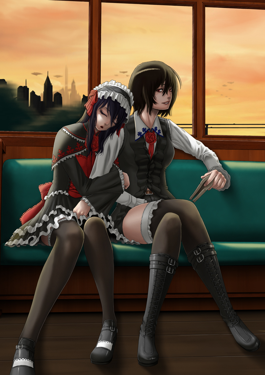 sawaragi, april (coyote ragtime show), coyote ragtime show, original, cross-laced footwear, frilled legwear, highres, 00s, 2girls, arm hug, bench, black hair, book, boots, brown hair, cityscape, closed eyes, couple, crossed legs, dress, evening, gothic lolita, hairband, knee boots, legs, lolita fashion, multiple girls, red eyes, short hair, sitting, sky, sleeping, sleeping on person, sleeping upright, thighhighs, thighs, window, yuri