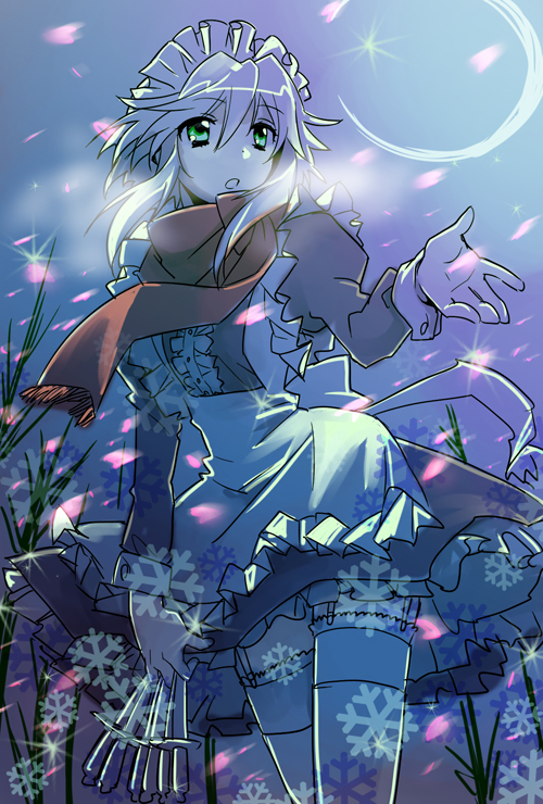 tydk, izayoi sakuya, perfect cherry blossom, touhou, silver hair, bad id, bad pixiv id, 1girl, braid, female focus, garter belt, garter straps, hairband, knife, maid, outdoors, petals, scarf, short hair, sky, snowflakes, solo, thighhighs, throwing knife, twin braids, weapon