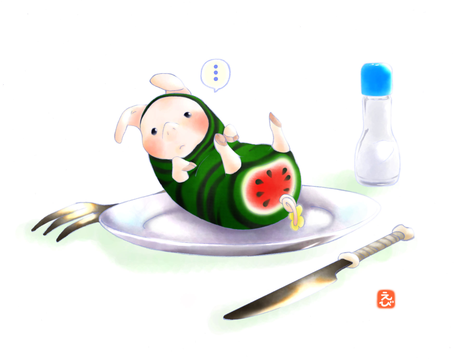 ebiko, poogie, capcom, monster hunter (series), highres, …, blush, food print, fork, fruit print, knife, no humans, pig, plate, watermelon print