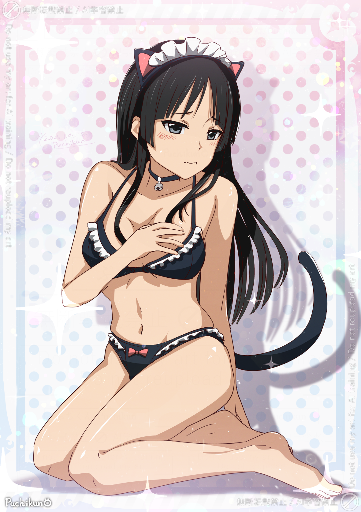 puchikun, akiyama mio, k-on!, commentary request, highres, 1girl, animal ear hairband, animal ears, artist name, barefoot, bell, bikini, black bikini, black eyes, black hair, blush, breasts, cat ear hairband, cat ears, cat tail, collarbone, fake animal ears, frilled bikini, frills, full body, hairband, hand on own chest, hand up, kneeling, long hair, maid, maid bikini, maid headdress, medium breasts, medium hair, navel, neck bell, pout, straight hair, swimsuit, tail, thighs, unconventional maid, watermark