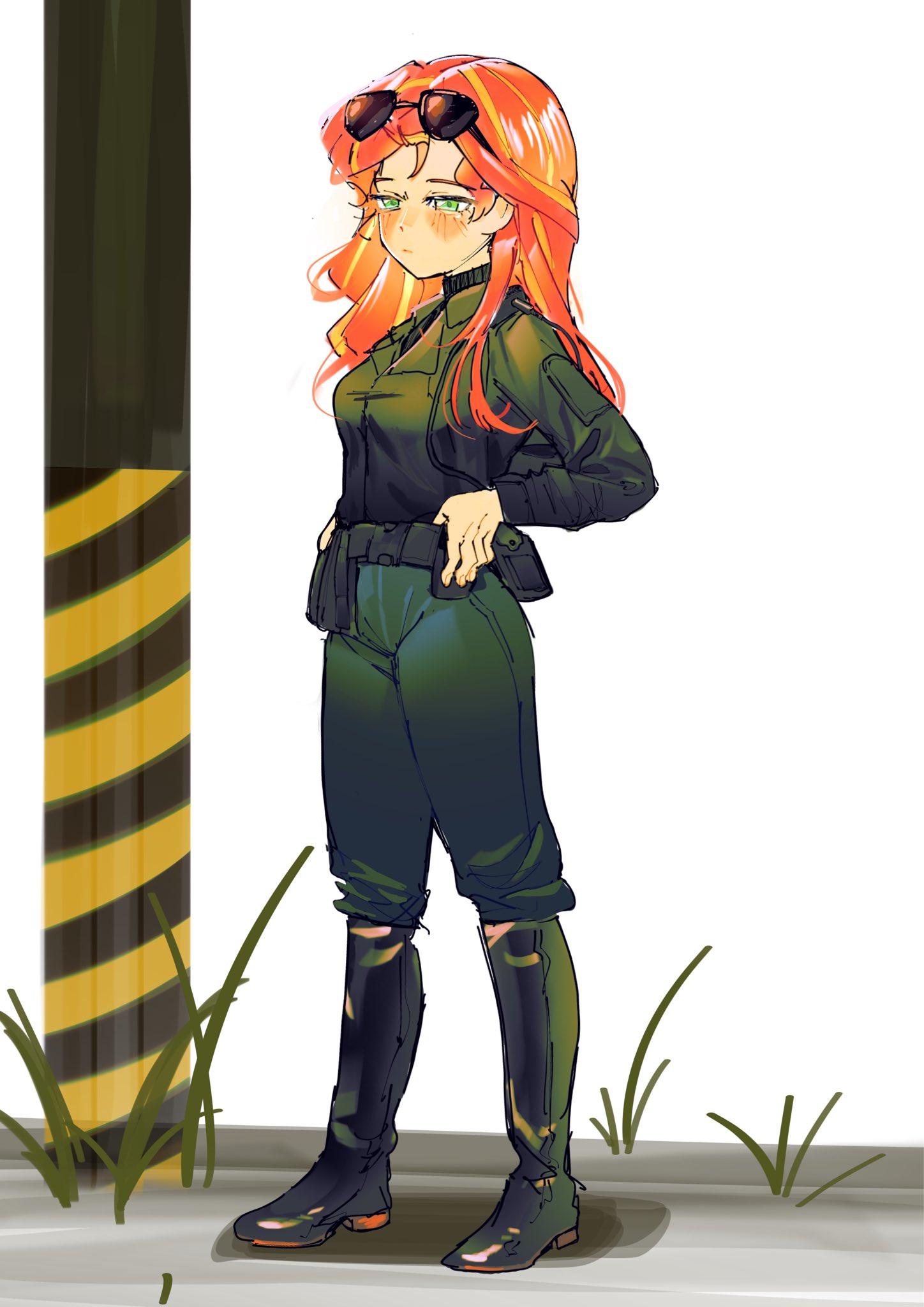 sunset shimmer, sunset shimmer (human), my little pony, my little pony: equestria girls, my little pony: friendship is magic, commentary, english commentary, highres, 1girl, :|, amazingpuffhair, black-framed eyewear, black sweater, blonde hair, blush, boots, breasts, closed mouth, collared jumpsuit, expressionless, eyewear on head, fingernails, full body, grass, green boots, green eyes, green jumpsuit, hands on own hips, high heel boots, high heels, jumpsuit, knee boots, legs apart, light frown, long hair, looking ahead, multicolored hair, orange hair, petite, ribbed sweater, shadow, simple background, small breasts, solo, standing, streaked hair, sunglasses, sweater, turtleneck, turtleneck sweater, two-tone hair, white background