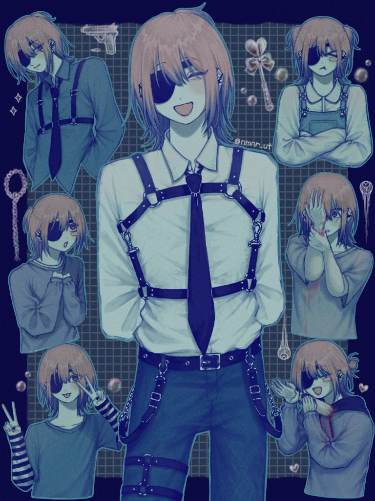 character request, copyright request, 1boy, :d, arm warmers, arms behind back, belt, belt buckle, black arm warmers, black belt, black necktie, blue pants, brown eyes, buckle, chest harness, closed eyes, collared shirt, cowboy shot, disembodied hand, eyepatch, facing viewer, grey shirt, gun, handgun, harness, heart wand, holding limb, male focus, multiple views, necktie, nmnr ut, open mouth, pants, red hair, shirt, short hair, smile, striped arm warmers, weapon, white shirt