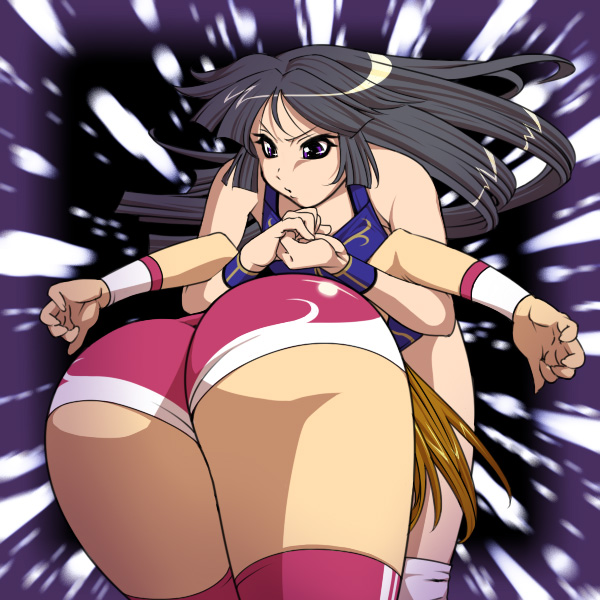 fuuta, original, 2girls, ass, black hair, brown hair, long hair, multiple girls, pedigree, purple eyes, thighhighs, wrestling