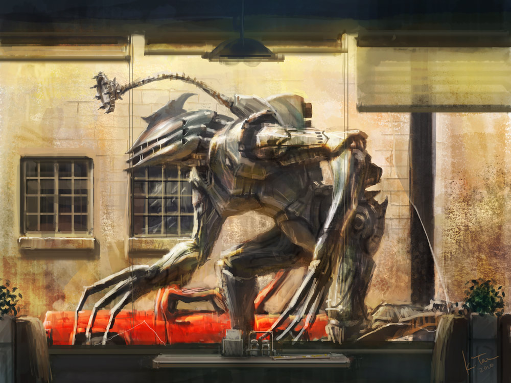 k-takano, original, building, claws, mecha, motor vehicle, pickup truck, restaurant, robot, science fiction, table, truck, window