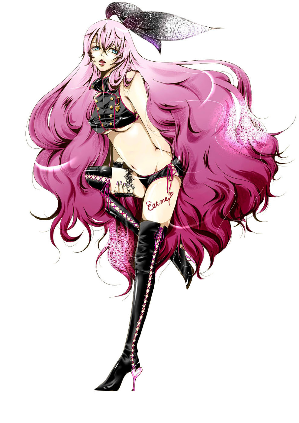 uico, megurine luka, vocaloid, highres, 1girl, aqua eyes, bare shoulders, boots, breasts, covered erect nipples, female focus, full body, heart, long hair, midriff, navel, pink hair, simple background, solo, thigh boots, thighhighs, underboob, very long hair, white background