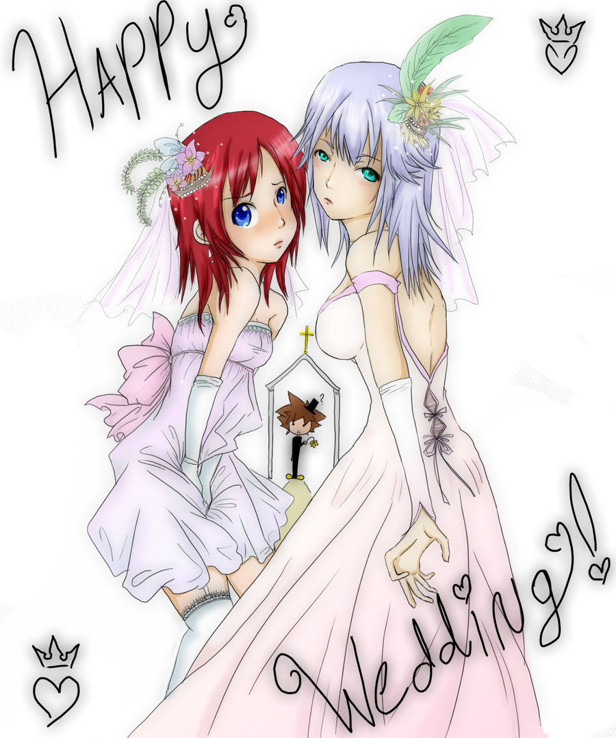 kairi (kingdom hearts), riku (kingdom hearts), sora (kingdom hearts), kingdom hearts, artist request, gender request, 1boy, 2girls, ?, blue eyes, breasts, brown hair, confused, dress, flower, genderswap, green eyes, multiple girls, plant, red hair, wedding dress, white background, white hair