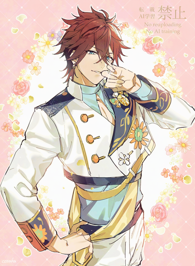 lunapont, amagi rinne, ensemble stars!, 1boy, blue eyes, cowboy shot, earrings, floral print, flower, hair between eyes, hand up, jewelry, layered clothes, long sleeves, looking at viewer, male focus, official alternate costume, pair-ring (ensemble stars!), parted lips, pink flower, pink rose, purple flower, red hair, rose, short hair, smile, solo, watermark