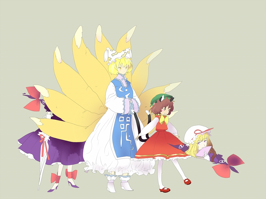 cyclo, chen, yakumo ran, yakumo yukari, touhou, bad id, bad pixiv id, 3girls, animal ears, blonde hair, bow, brown hair, cat ears, cat girl, cat tail, dress, earrings, elbow gloves, female focus, fox ears, fox tail, full body, gap (touhou), gloves, hat, jewelry, long hair, multiple girls, multiple tails, purple eyes, ribbon, short hair, simple background, tail, umbrella