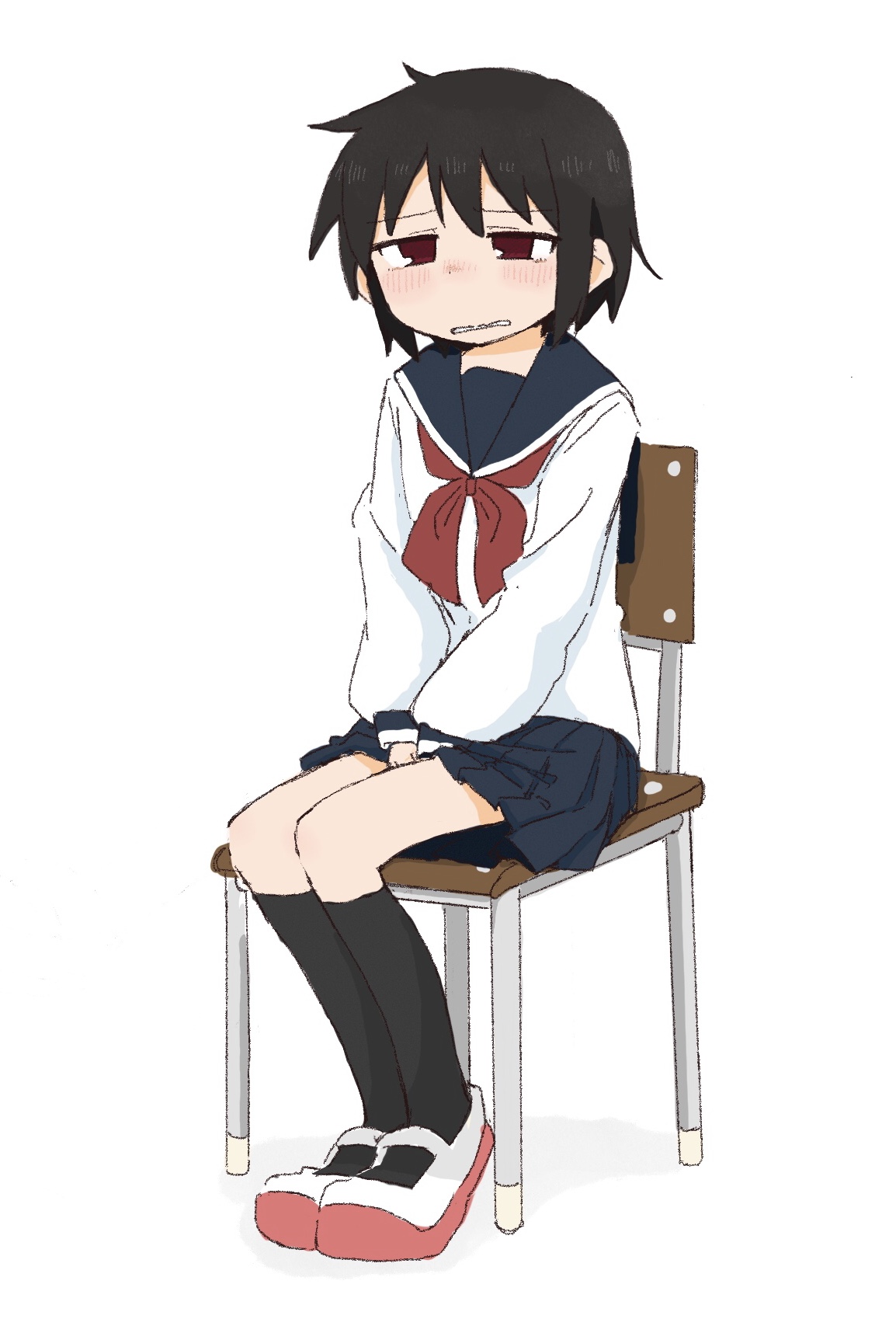 ponnu (tnpn2yw), original, large variant set, variant set, 1girl, between legs, black hair, black socks, blue sailor collar, blue skirt, blush, chair, clenched teeth, embarrassed, female focus, flat chest, full body, half-closed eyes, hand between legs, have to pee, kneehighs, legs together, long sleeves, looking afar, miniskirt, neckerchief, nose blush, on chair, own hands together, pleated skirt, raised eyebrows, red eyes, red neckerchief, red shoes, sailor collar, school chair, school uniform, serafuku, shirt, shoes, short hair, sidelocks, sitting, skirt, socks, solo, teeth, v arms, wavy mouth, white shirt
