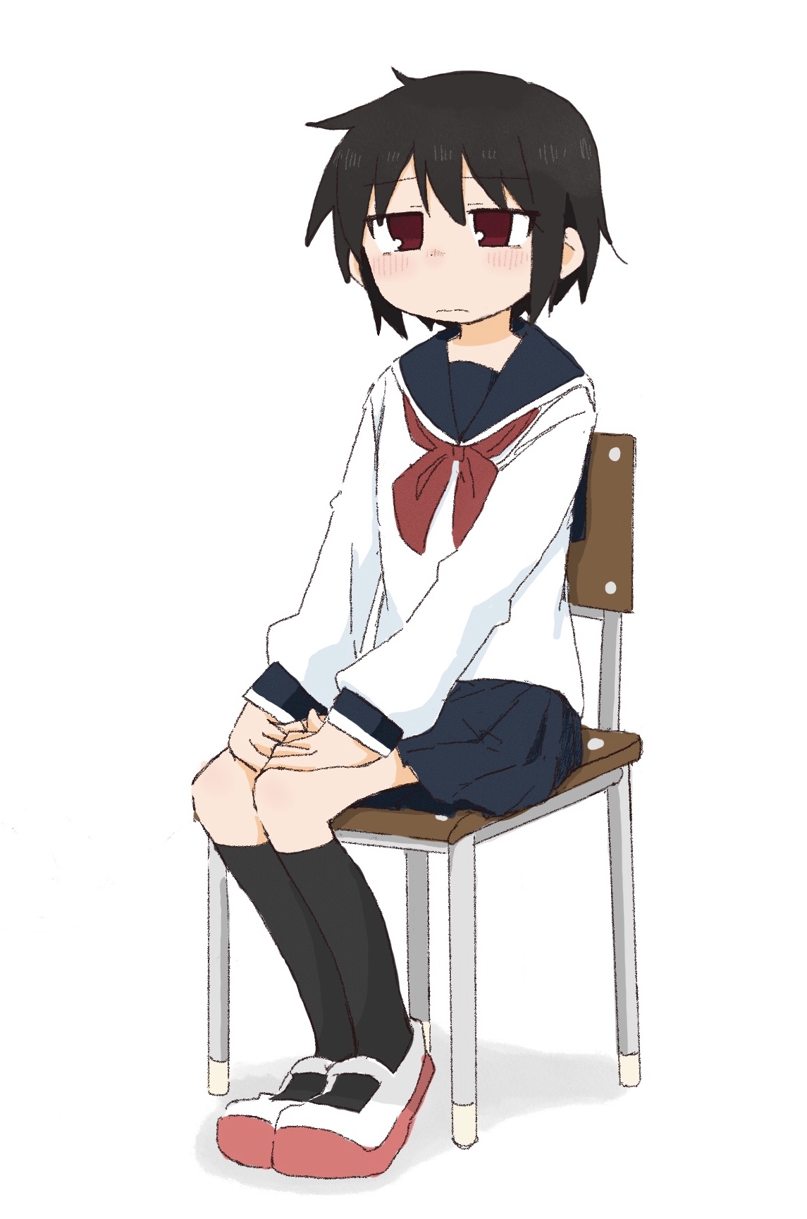 ponnu (tnpn2yw), original, large variant set, variant set, 1girl, black hair, black socks, blue sailor collar, blue skirt, blush, chair, closed mouth, female focus, flat chest, full body, hands on own thighs, have to pee, kneehighs, legs together, long sleeves, looking afar, miniskirt, neckerchief, nose blush, on chair, own hands together, pleated skirt, red eyes, red neckerchief, red shoes, sailor collar, school chair, school uniform, serafuku, shirt, shoes, short hair, sidelocks, sitting, skirt, socks, solo, white shirt
