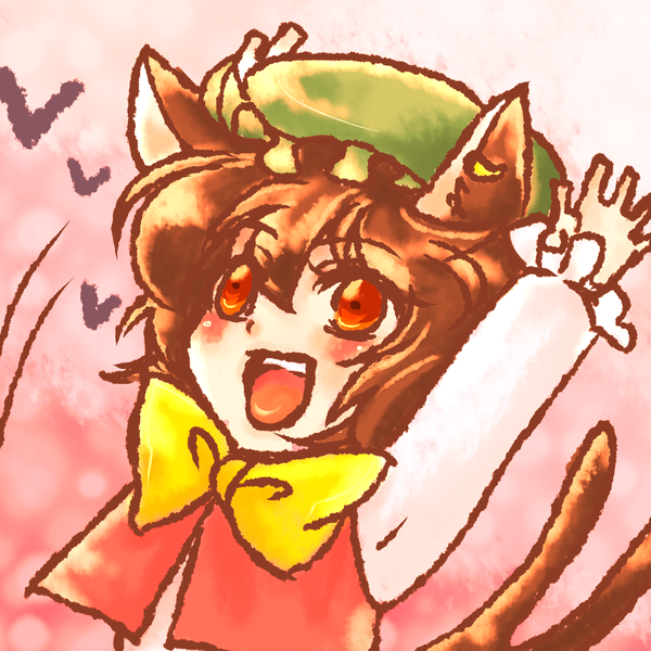 discharge cycle, tobi (discharge cycle), chen, touhou, bad id, bad pixiv id, 1girl, animal ears, arms up, bow, bowtie, brown hair, cat ears, cat girl, cat tail, earrings, female focus, happy, hat, jewelry, multiple tails, open mouth, outstretched arms, short hair, single earring, smile, solo, tail