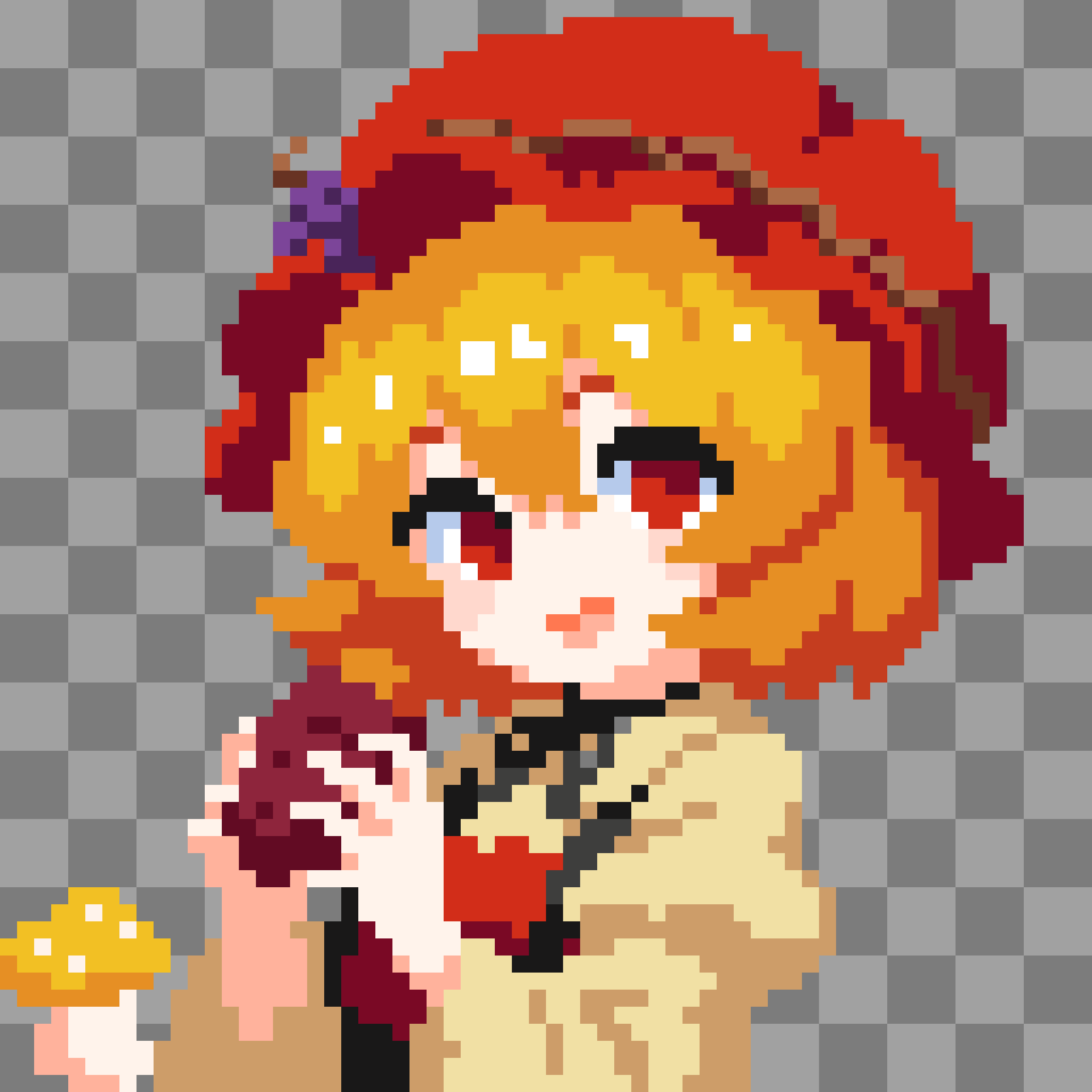 aki minoriko, touhou, commentary request, highres, 1girl, blonde hair, food, grape hat ornament, hat, holding, holding food, holding vegetable, mushroom, open mouth, pixel art, red eyes, red hat, shirt, smile, solo, sweet potato, takeez3, vegetable, wide sleeves, yellow shirt