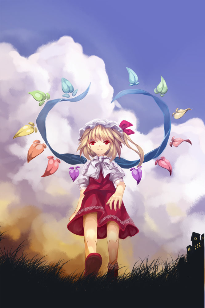 mewkoala, flandre scarlet, touhou, bad id, bad pixiv id, 1girl, blonde hair, blue sky, blush, cloud, cloudy sky, day, evening, female focus, grass, hat, looking at viewer, mob cap, outdoors, plant, puffy short sleeves, puffy sleeves, red eyes, shoes, short hair, short sleeves, side ponytail, sky, socks, solo, walking, wings