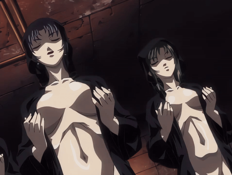 kozono nami, morita rie, shido saki, bible black, bible black gaiden, animated, animated gif, tagme, 00s, 2002, 3girls, basement, breasts, brown hair, cloak, closed eyes, green hair, hood, large breasts, lipstick, makeup, multiple girls, naked robe, purple hair, ritual, robe, short hair, smile, summoning