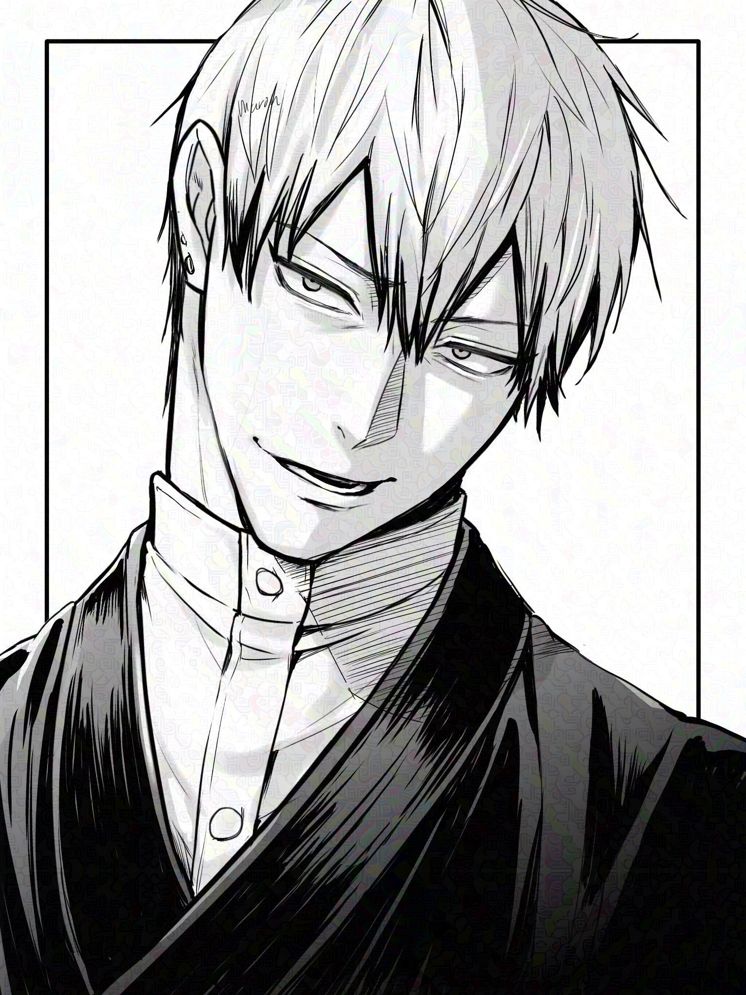 maronjapan9d, zen'in naoya, jujutsu kaisen, commentary request, highres, 1boy, earrings, greyscale, japanese clothes, jewelry, looking at viewer, male focus, monochrome, open mouth, outside border, portrait, short hair, simple background, solo, teeth, white background