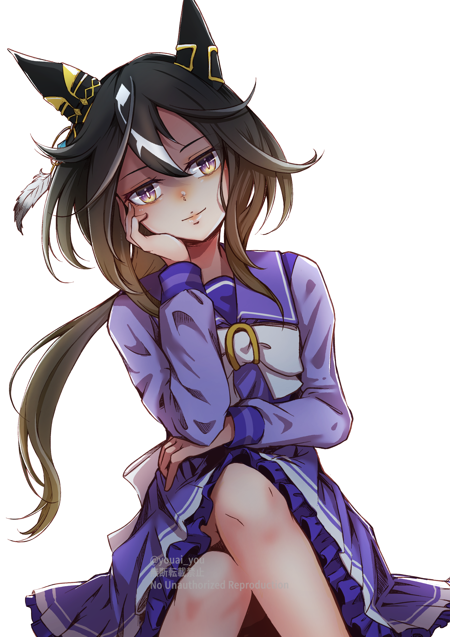 stay gold (umamusume), umamusume, commentary request, highres, 1girl, animal ears, bow, bowtie, brown eyes, brown hair, closed mouth, crossed legs, ear covers, hair between eyes, head rest, horse ears, horse girl, long hair, long sleeves, looking at viewer, multicolored hair, pleated skirt, purple sailor collar, purple serafuku, purple shirt, purple skirt, sailor collar, sailor shirt, school uniform, serafuku, shirt, simple background, sitting, skirt, smile, solo, streaked hair, tracen school uniform, white background, white bow, white bowtie, white hair, youai you