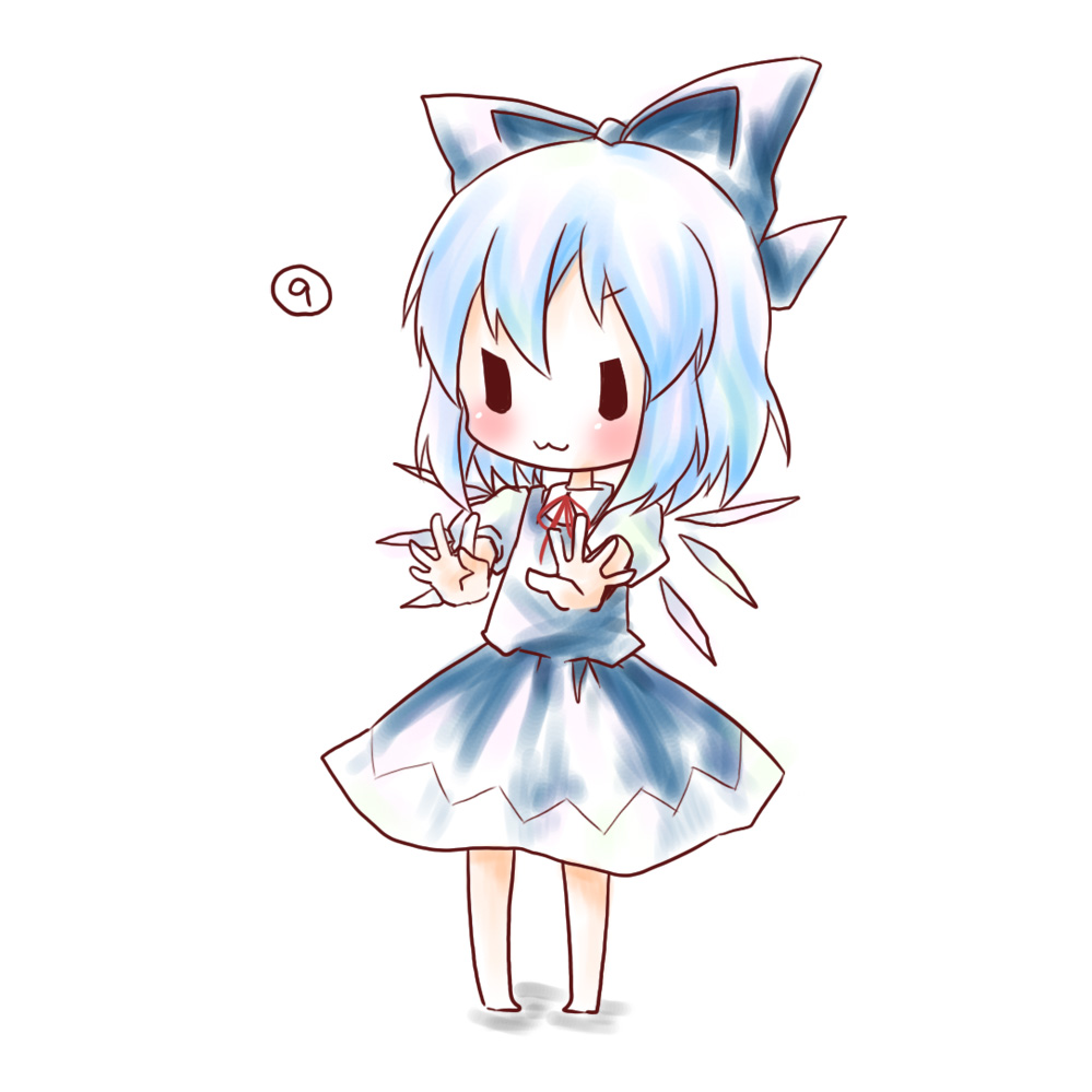 kuromame (8gou), cirno, phantasmagoria of flower view, touhou, bad id, bad pixiv id, metadata reference, >:3, 1girl, :3, barefoot, blue hair, bow, chibi, circled 9, dress, female focus, hair bow, large bow, outstretched arms, short hair, solo, v-shaped eyebrows