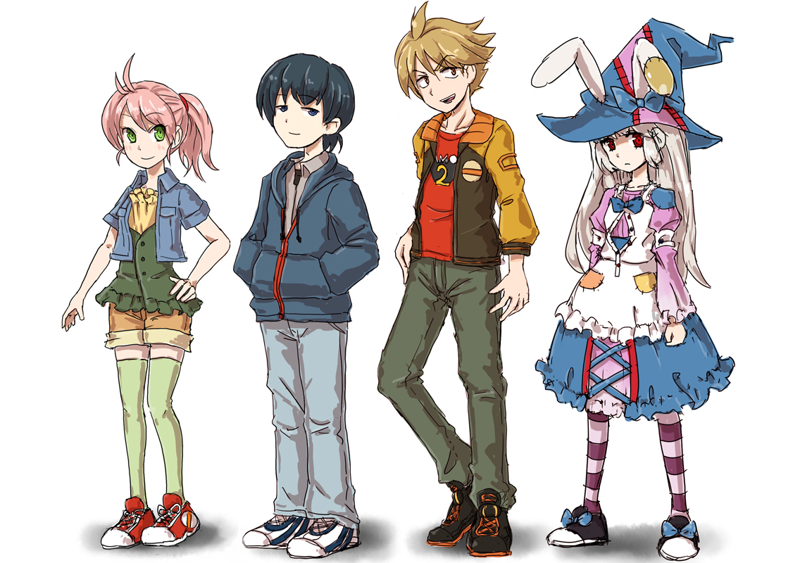 kusugi tai, ageha (irisu), edo (irisu), irisu kyouko, uujishima (irisu), irisu shoukougun!, bad id, bad pixiv id, 2boys, 2girls, animal ears, apron, casual, chibi, hat, multiple boys, multiple girls, rabbit ears, thighhighs, witch hat
